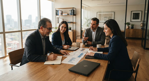 Profesionales reunidos alrededor de una mesa de trabajo